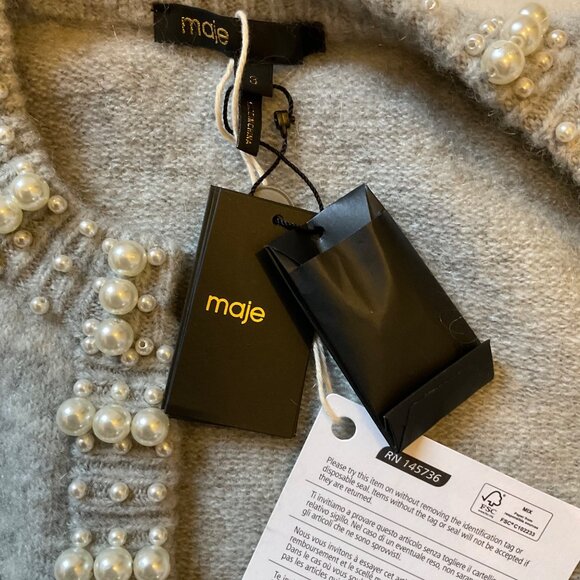 NWT Maje Pearl wool sweater Cardigan Gray SZ3 US8 bust40 - Picture 6 of 8